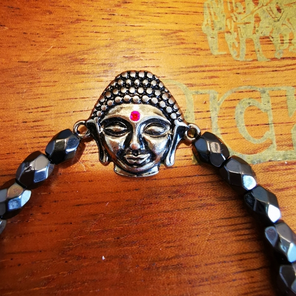 Stretch Faceted Hematite and Brushed Silver Tone Buddha Bracelet - Picture 10 of 12